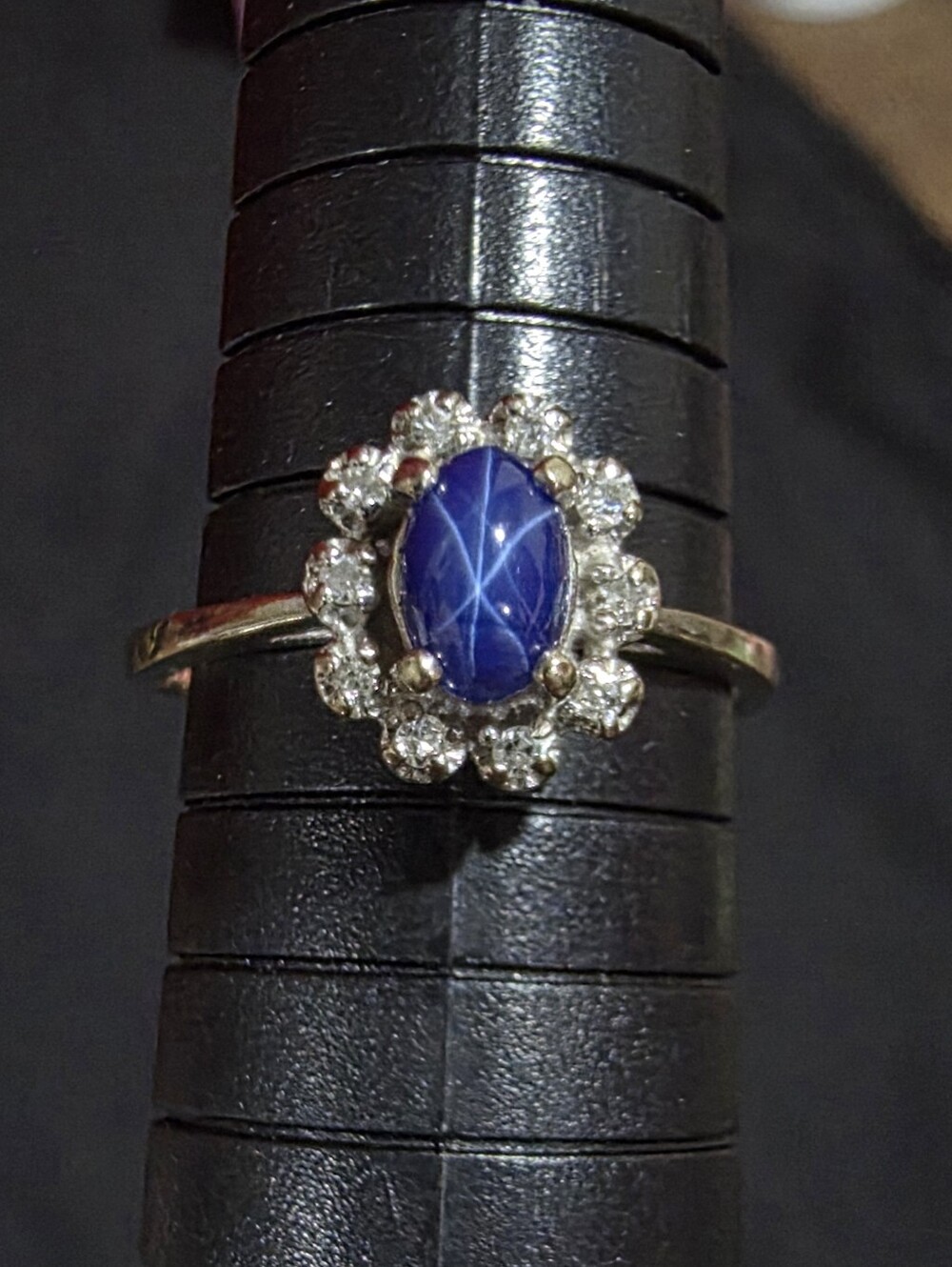 Estate J.M. Fox 14KP Gold Cornflower Blue Star Sapphire & Diamond Halo Ring